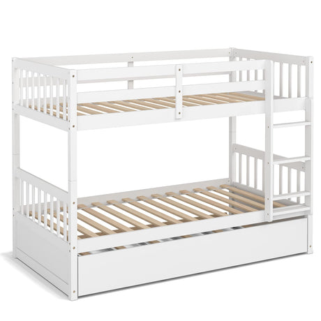KOMFOTT Wood Twin Over Twin Bunk Bed with Trundle, Solid Pine Wood Bunk Bed Frame with Ladder & Safety Guardrails, Space-Saving Convertible Bunk Bed for Home & Dormitory, No Box Spring Needed KOMFOTT