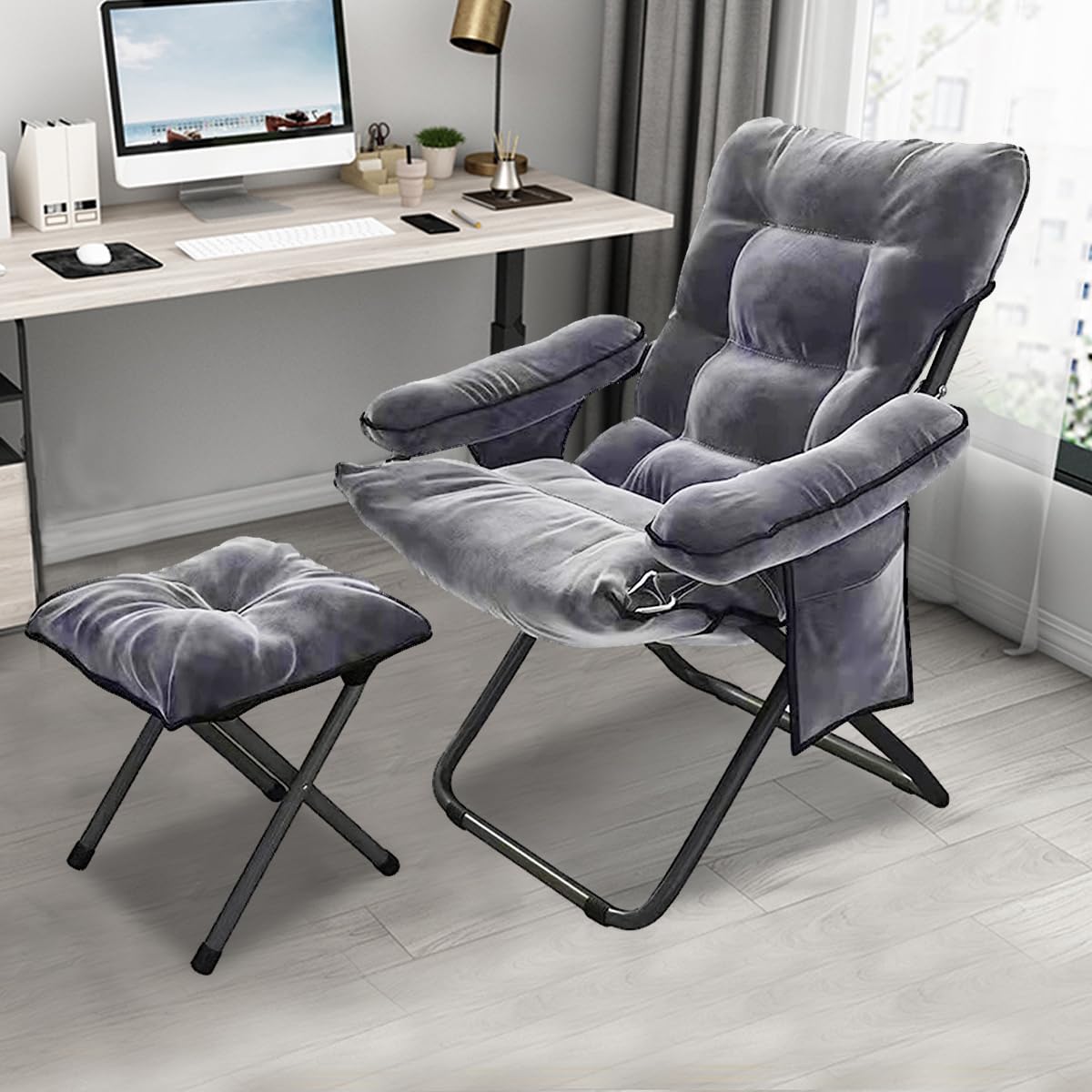 Modern Lazy Chair with Ottoman, Folding Lounge Reclining Sofa Chair with Armrest Comfy Lounge Chair Leisure Chair with Side Pocket for Bedroom, Balcony, Living Room, Office, Grey Generic