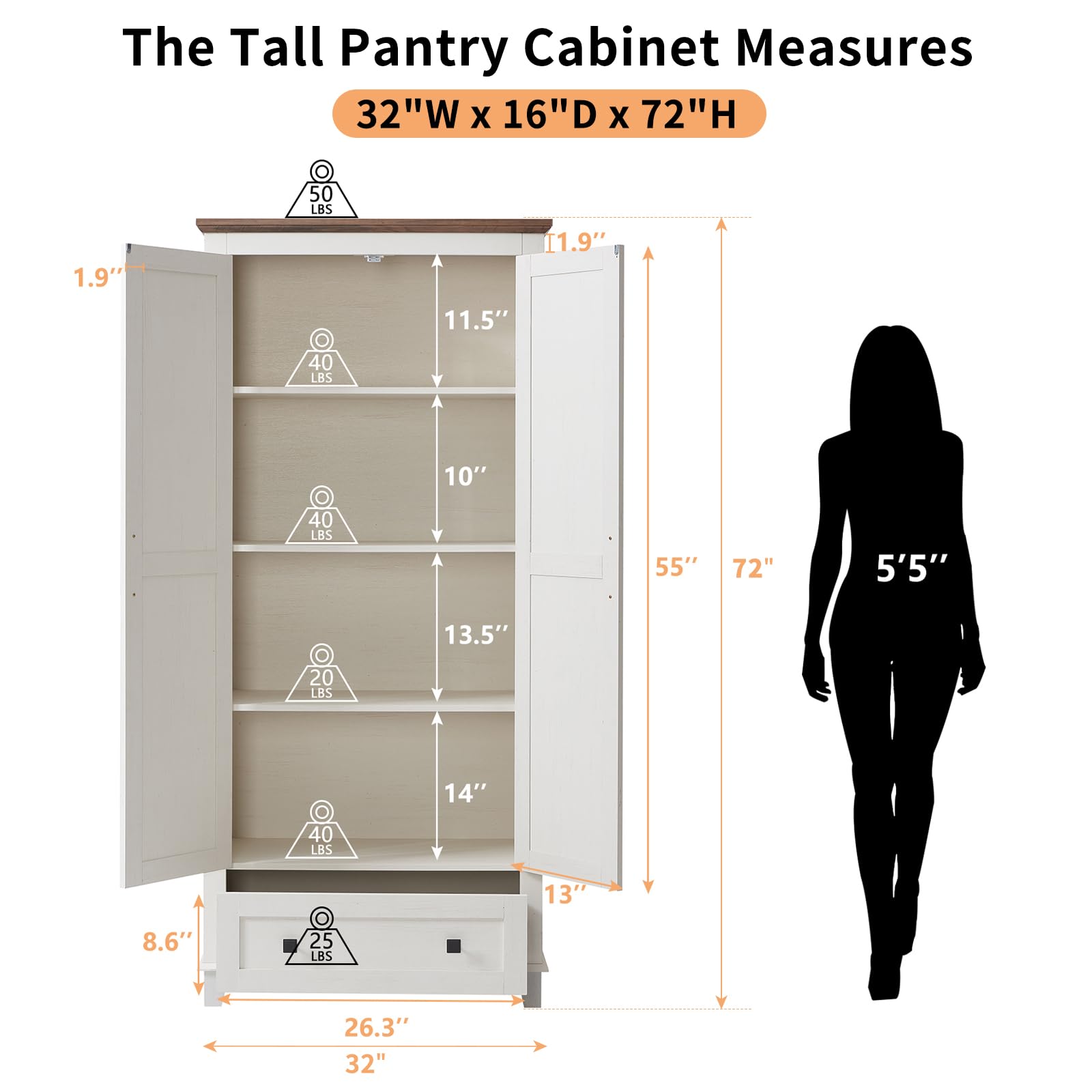 AMERLIFE 72" Tall Kitchen Pantry Storage Cabinet, Farmhouse Food Pantry Cabinet for Kitchen, Dining Room, Living Room, Adjustable Shelves and Drawer, White - WoodArtSupply