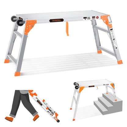 Multifunctional & Adjustable Work Platform with Wheels, 330 lbs Capacity, 24 to 35 inches Step Ladder, Aluminum Folding Scaffolding Ladder, Heavy Duty Portable Bench Ladder Stool with Non-Sli - WoodArtSupply