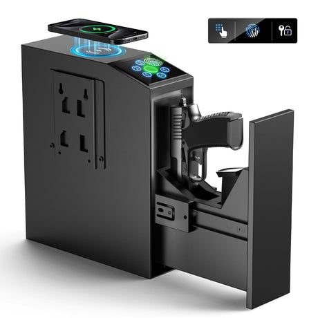NIANPU Bedside Biometric Gun Safe for Handgun-Quick Access Pistol Safe with Fingerprint,PIN&Key-Sliding Gun Lock Box with Wireless Charging-Mounted Handgun Safe for Nightstand NIANPU