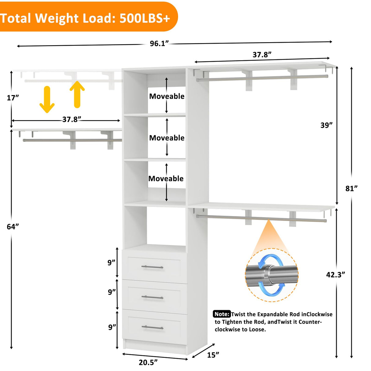 secilix Closet System with Drawers, 5-8FT Closet Organizer Systems with Expandable Hanging Rods, 96" Closet Shelving Systems for Walk in Closets, Heavy Duty Wall Mount Closet Systems-White secilix