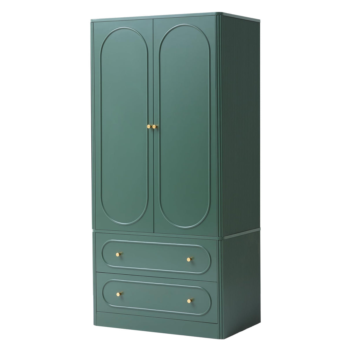 Fluted Freestanding Armoire Wardrobe Closet with 2 Doors and 2 Storage Drawers, Large Capacity Wardrobe Cabinet, Wooden Closet for Bedroom, Living Room - Green ORRD