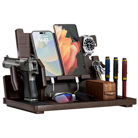 LMDGDS Wood Gun Rack Phone Docking Station, Nightstand Charging Organizer with Pistol Rack for Gun Safe, Key Holder Watch Wallet Stand Birthday Gift for Him Men Husband Dad Boyfriend LMDGDS