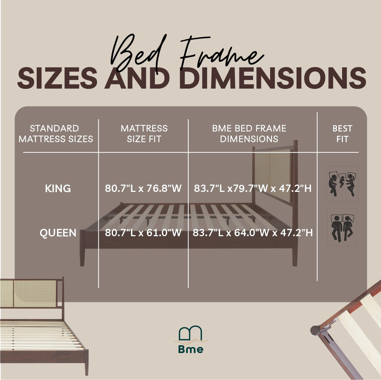 Bme Oliver King Bed Frame and Headboard - 15-Inch Signature Design with Rattan Headboard, Bohemian and Mid Century Style, 12-Slat Wood Support, No Box Spring Needed - Easy Assembly, Walnut Bme