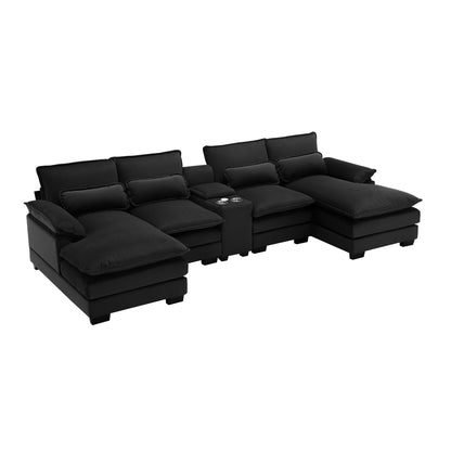 U Shaped Cloud Couch Sectional Sofa, 124" Comfy Fluffy Cloud Mid Black Sectional Couches for Living Room with Double Chaise Lounge, Modern Modular Sectional Sofa with Central Console & USB Port