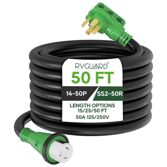 RVGUARD 50 Amp 50 Foot RV Power Cord, 14-50P to SS2-50R Generator Extension Cord, Heavy Duty STW Cord with LED Power Indicator and Cord Organizer, Green, ETL Listed - WoodArtSupply