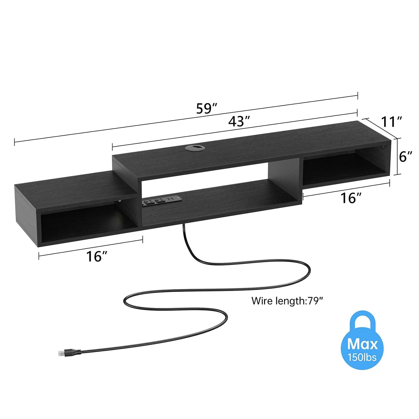 FABATO 59'' Floating TV Stand with LED Light Power Outlet, Floating Shelf for Under TV Wall Mount with Storage Shelf, Media Console Entertainment Center for Living Room, Black - WoodArtSupply