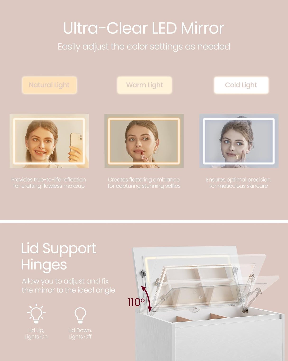 VASAGLE 5-Drawer Dresser with Mirror and Lights for Bedroom, Chest of Drawers, Storage Tower Unit, for Closet, Living Room, Entryway, Modern Minimalist Style, Snow White ULTS615W01 VASAGLE