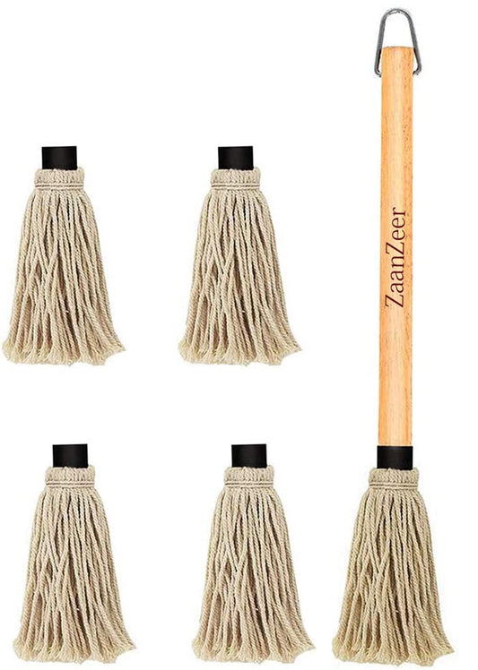 ZaanZeer 18 Inches BBQ Mop with Wooden Handle and 4 Extra Replacement Cotton Fiber Basting Mop Heads for Grilling and Smoking Steak