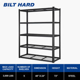 BILT HARD 48" W x 24" D Garage Shelving 3000 LBS, 72" H Storage Shelves, Heavy Duty 5-Tier Metal Shelving Units with Adjustable Shelf, Steel Wire Utility Shelving BILT HARD