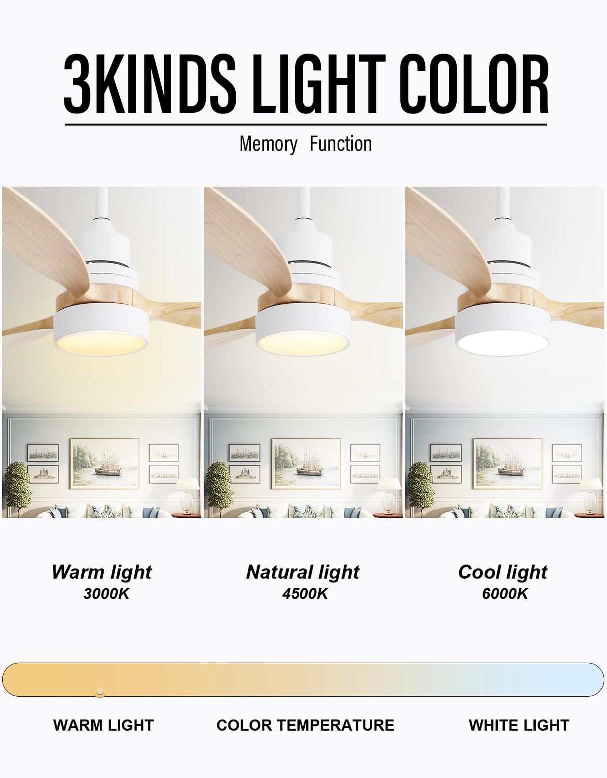 Sofucor 52 Inch Ceiling Fan with Lights and Remote Control, Indoor Outdoor Mordern Wood Ceiling Fan with Reversible Quiet DC Motor, 6 Speed, 3 White Downrods, for Farmhouse Bedroom Patio Balcony Sofucor