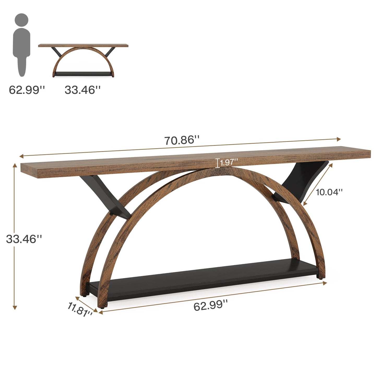 Tribesigns 70.87" Console Table with Storage Shelf, Narrow Long Sofa Table Behind Couch Table, 2-Tier Rustic Entryway Table with Half Moon Frame for Hallway Living Room (Brown & Black) - WoodArtSupply