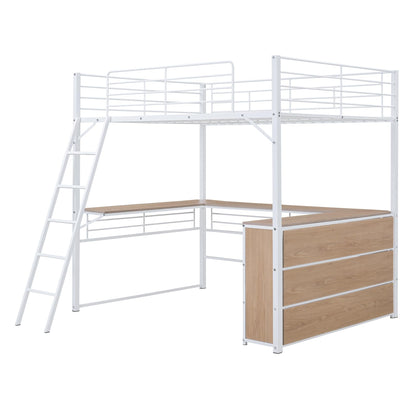 Metal Full Size Loft Bed with L-Shaped Desk,Heavy Duty Loft Bed with 3 Tier Shelves for Kids Teens Adults,Loft Bed Full Size with Storage, High Loft Bed Frame, Space Saving,White