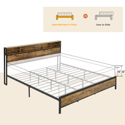 BTHFST King Size LED Bed Frame with Storage Headboard, USB Ports & Charging Outlets, Industrial Metal Platform Bed, Upgraded 2-Row Support Bars, No Box Spring Needed, Vintage Brown&Black