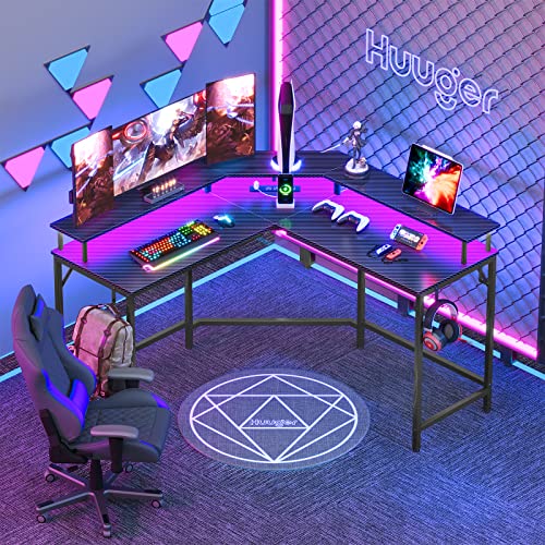 Huuger L Shaped Gaming Desk with Power Outlets & LED Lights, Computer Desk with Monitor Shelves, Carbon Fiber Surface, Home Office Desk, Corner Gaming Desk with Hooks, Carbon Fiber Black，7054 - WoodArtSupply