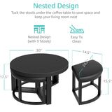 IGERI Round Coffee Table with Stools Underneath - 30 Inch Small Modern Tables Set with 3 Chairs Ottomans Seating Seats Black Wood IGERI