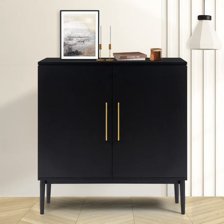 KFO Storage Cabinet with Doors, Black Accent Cabinet, Modern Free Standing Cabinet, Black Sideboard with Metal Base for Bedroom, Living Room, Kitchen and Office KFO