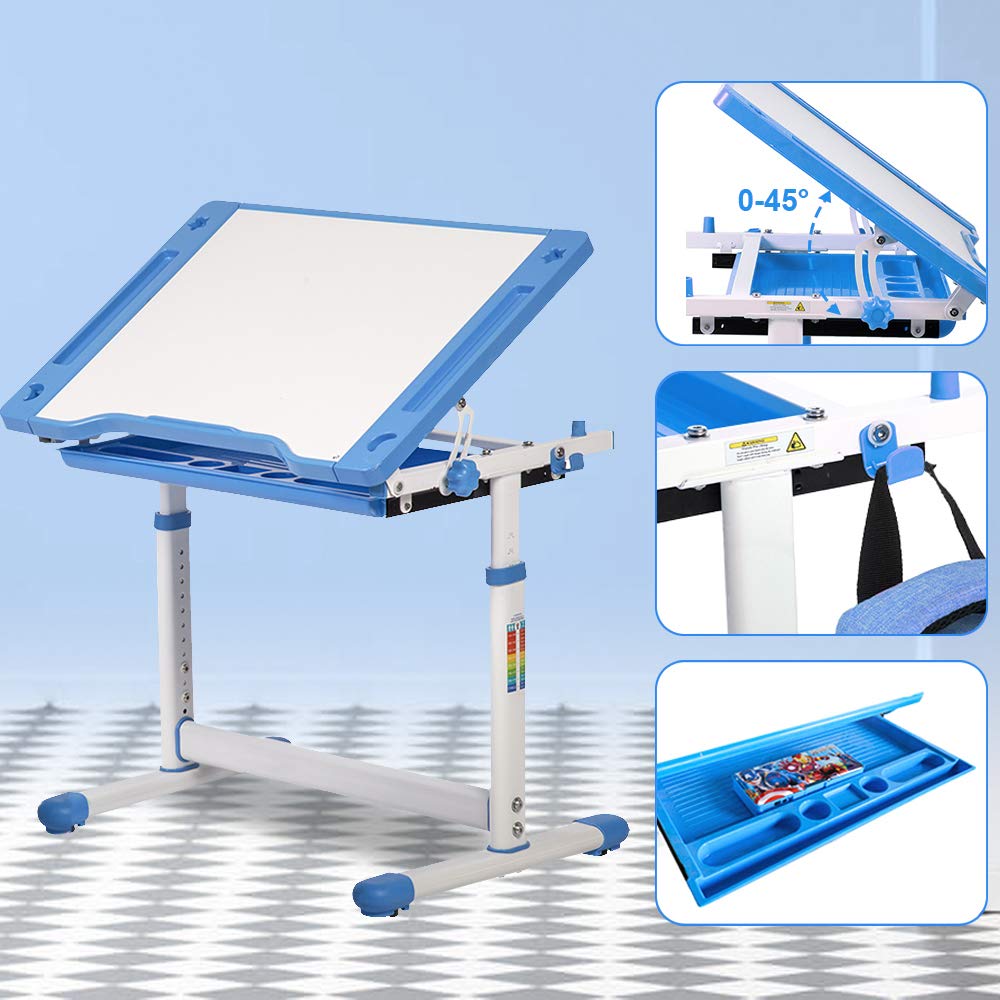 Kids Desk and Chair Set Adjustable Height Ergonomic Children's Table with Storage Drawer Kids Study Homework Desk Table for 3-15 Kids (Blue) Dkeli