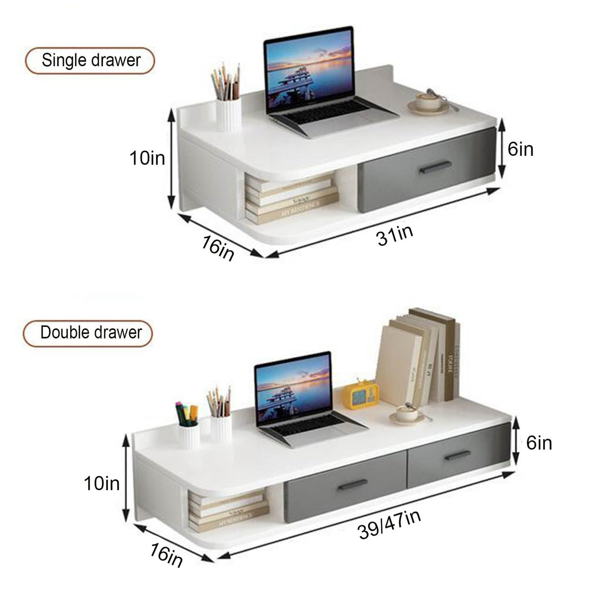 Floating Dressing Table with Drawers, Wooden Laptop Computer Desk,Space Saving Makeup Vanity Storage Cabinet,Wall Mounted Nightstand Bedside Table for Bedroom Living Room(80x40cm(31x16inch), B) SUZEPER