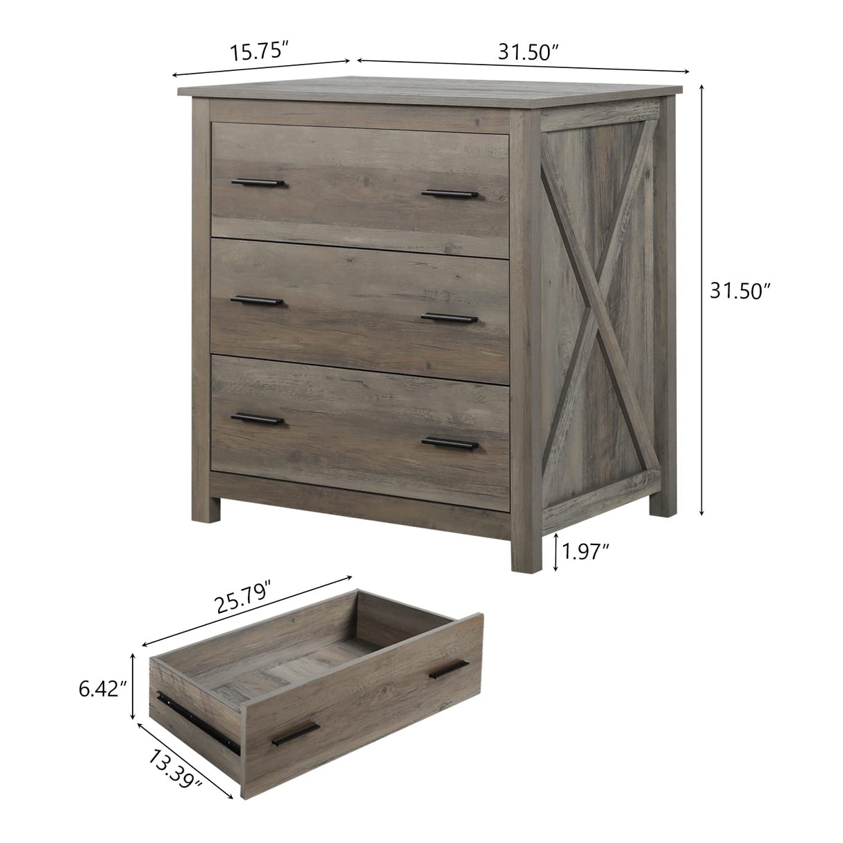 Vikiullf Wooden Chest of Drawer - 3 Drawer Dresser for Bedroom, Farmhouse Dresser, Storage Drawers for Bedroom, Nursery, Living Room, Hallway, Entryway Organizer, Grey Vikiullf