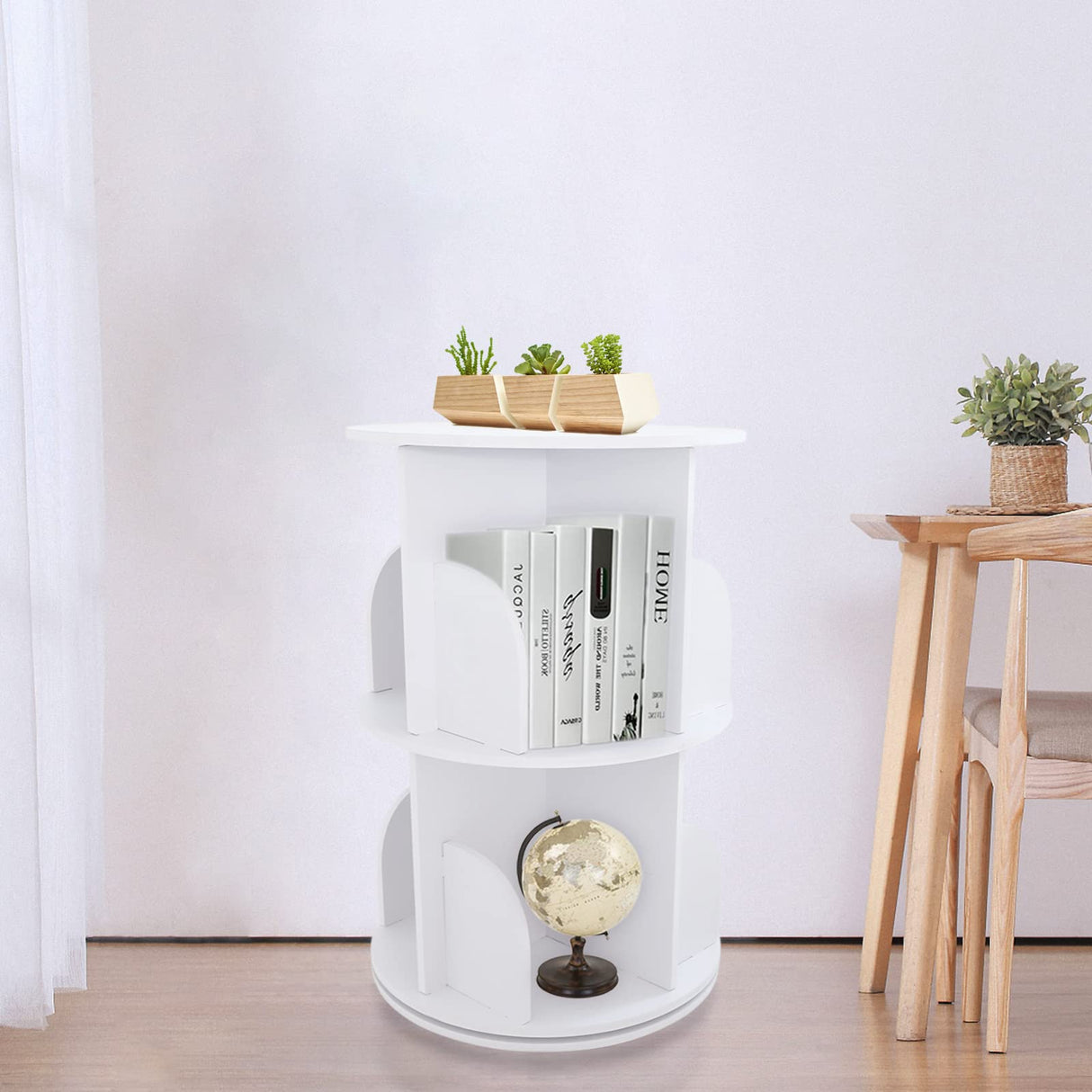 2-Tier 360° Rotating Bookshelf - Stylish Corner Book Storage Organizer in White PVC Wood-Plastic SAHUANIYE