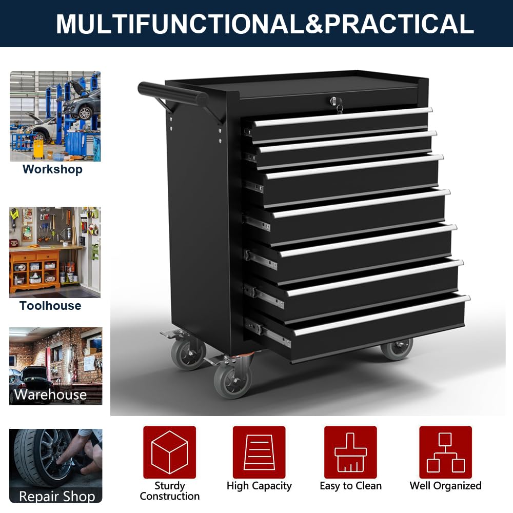 7 Drawer Tool Chest with Wheels,Metal Locking Black Rolling Tool Box with Tool Organizer Trays for Tool Storage Organizer,Portable Standing Mechanic Toolbox for Garage,30 In Tall Tool Cabinet - WoodArtSupply