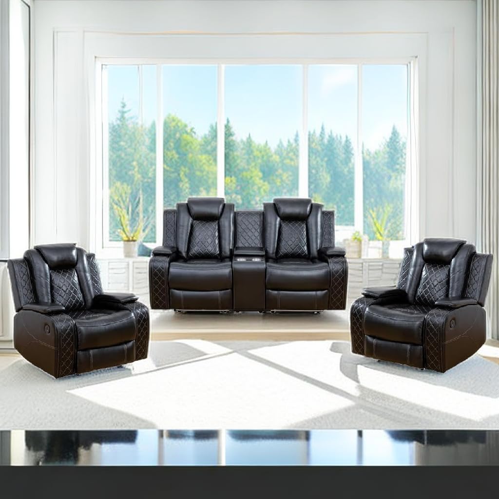 AYCP Multifunction Power Air Leather Recliner Sofa Set with LED Lights, Living Room Furniture, Reclining Sofa, loveseat, Chair with USB Port/Storage (Black, Loveseat+2 Chairs)