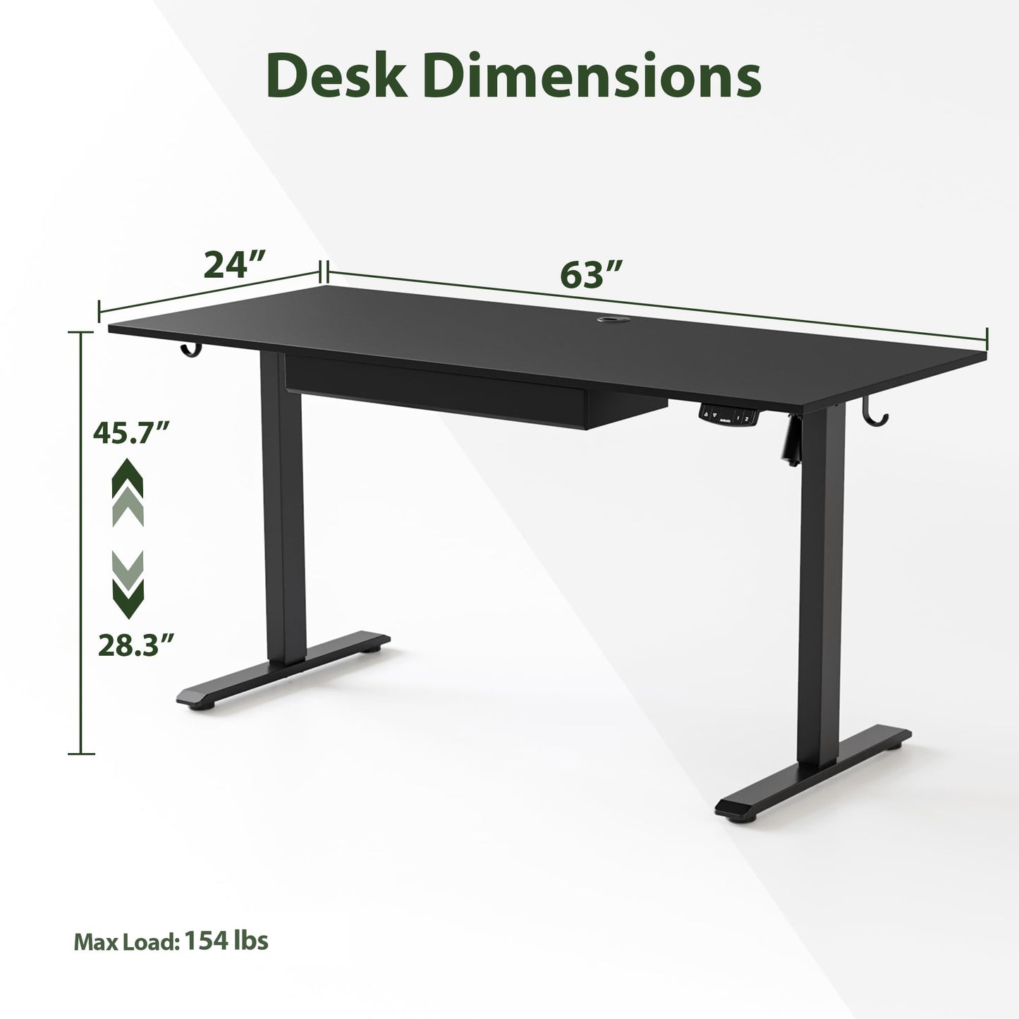 Agilestic Adjustable Height Electric Standing Desk with Storage Wooden Drawer, 63 x 24 Inches Stand Up Home Office Computer Gaming Table with Splice Board for Work Office Home, Black