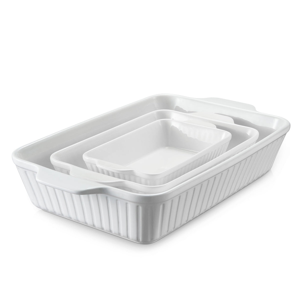 DOWAN Casserole Dishes for Oven, Baking Dishes Set, Ceramic Bakeware Sets of 3, Lasagna Pan Deep, Rectangular Baking Pan Set with Handles for Baking, Casserole, Kitchen, Wedding Gift, White (15.6''/12.2''/8.9'') DOWAN