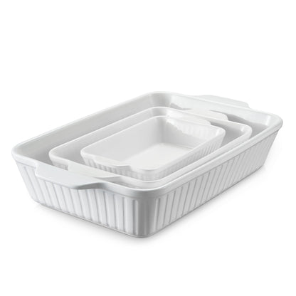 DOWAN Casserole Dishes for Oven, Baking Dishes Set, Ceramic Bakeware Sets of 3, Lasagna Pan Deep, Rectangular Baking Pan Set with Handles for Baking, Casserole, Kitchen, Wedding Gift, White (15.6''/12.2''/8.9'')