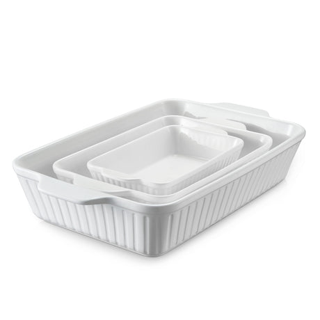 DOWAN Casserole Dishes for Oven, Baking Dishes Set, Ceramic Bakeware Sets of 3, Lasagna Pan Deep, Rectangular Baking Pan Set with Handles for Baking, Casserole, Kitchen, Wedding Gift, White (15.6''/12.2''/8.9'') DOWAN