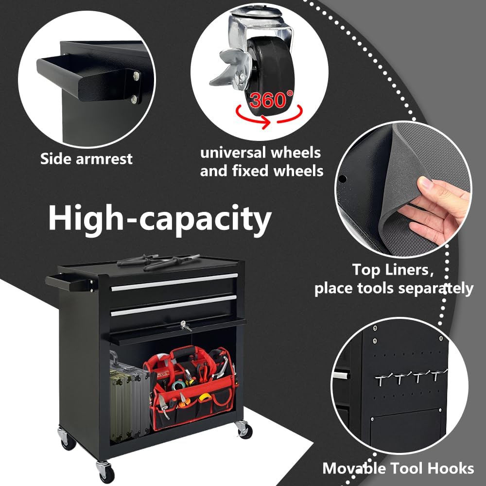 Dawmilon Rolling Tool Chest with Wheels, 8-Drawer Tool Box with Liners and Locking System for Warehouse, Garage, Workshop, Black - WoodArtSupply