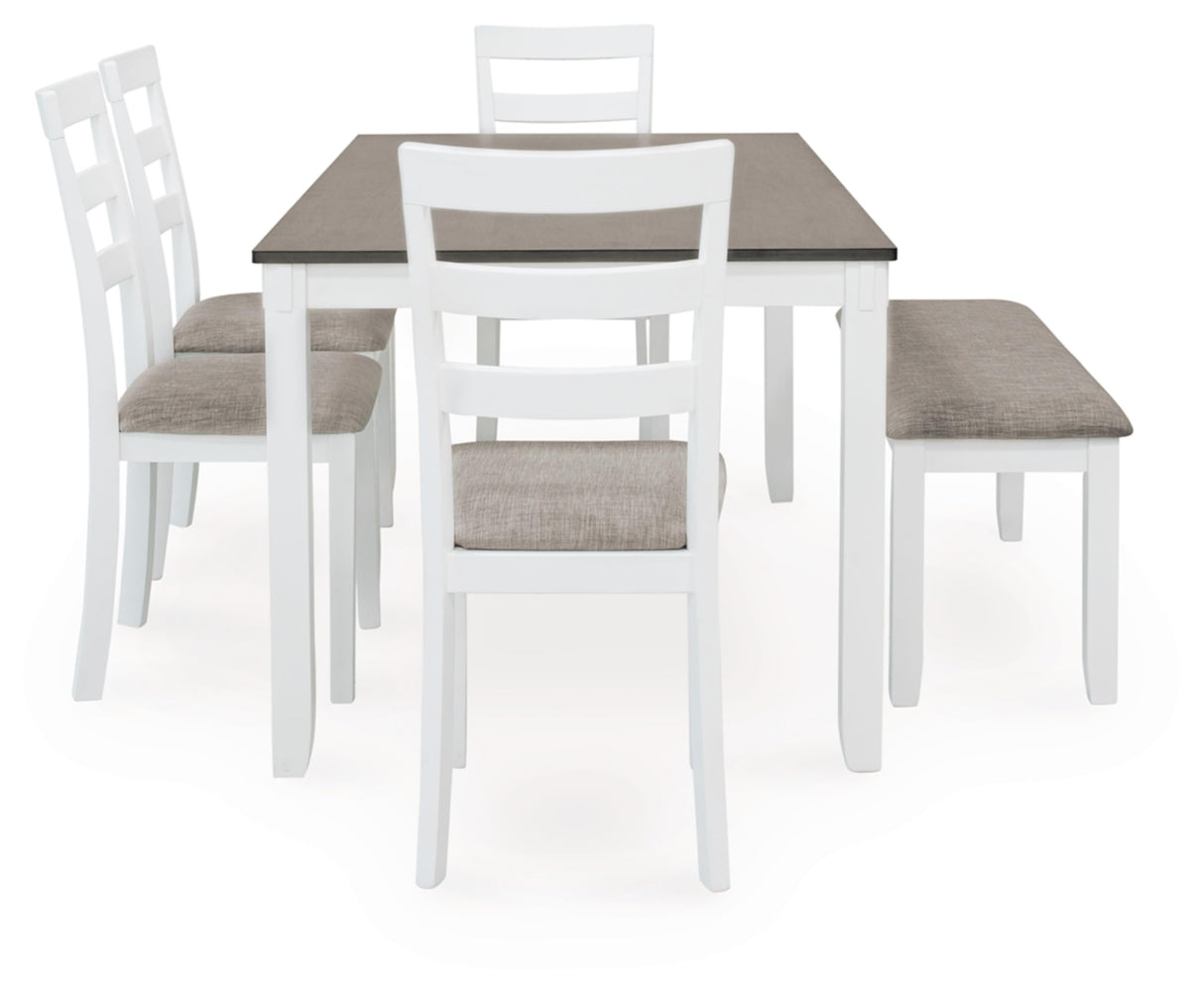 Signature Design by Ashley Stonehollow Modern Farmhouse Dining Table with Upholstered Chairs and Bench, Set of 6, 60"W x 36"D x 30"H, White & Gray Signature Design by Ashley