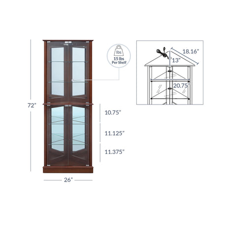 BELLEZE Lighted Corner Display Curio Cabinet Wooden Shelving Unit with Tempered Glass Door, Bar and Liquor Storage Area with 6 Shelves - Woody (Walnut) BELLEZE