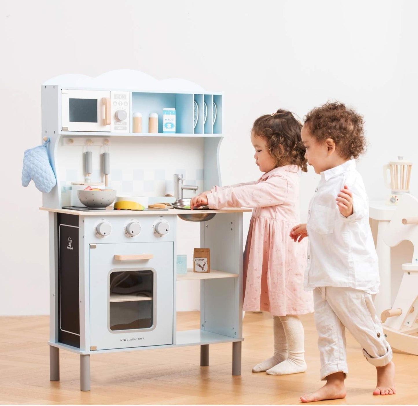 New Classic Toys Blue Wooden Pretend Play Toy Kitchen for Kids with Role Play Bon Appetit Electric Cooking Included Accesoires Makes Sound - WoodArtSupply