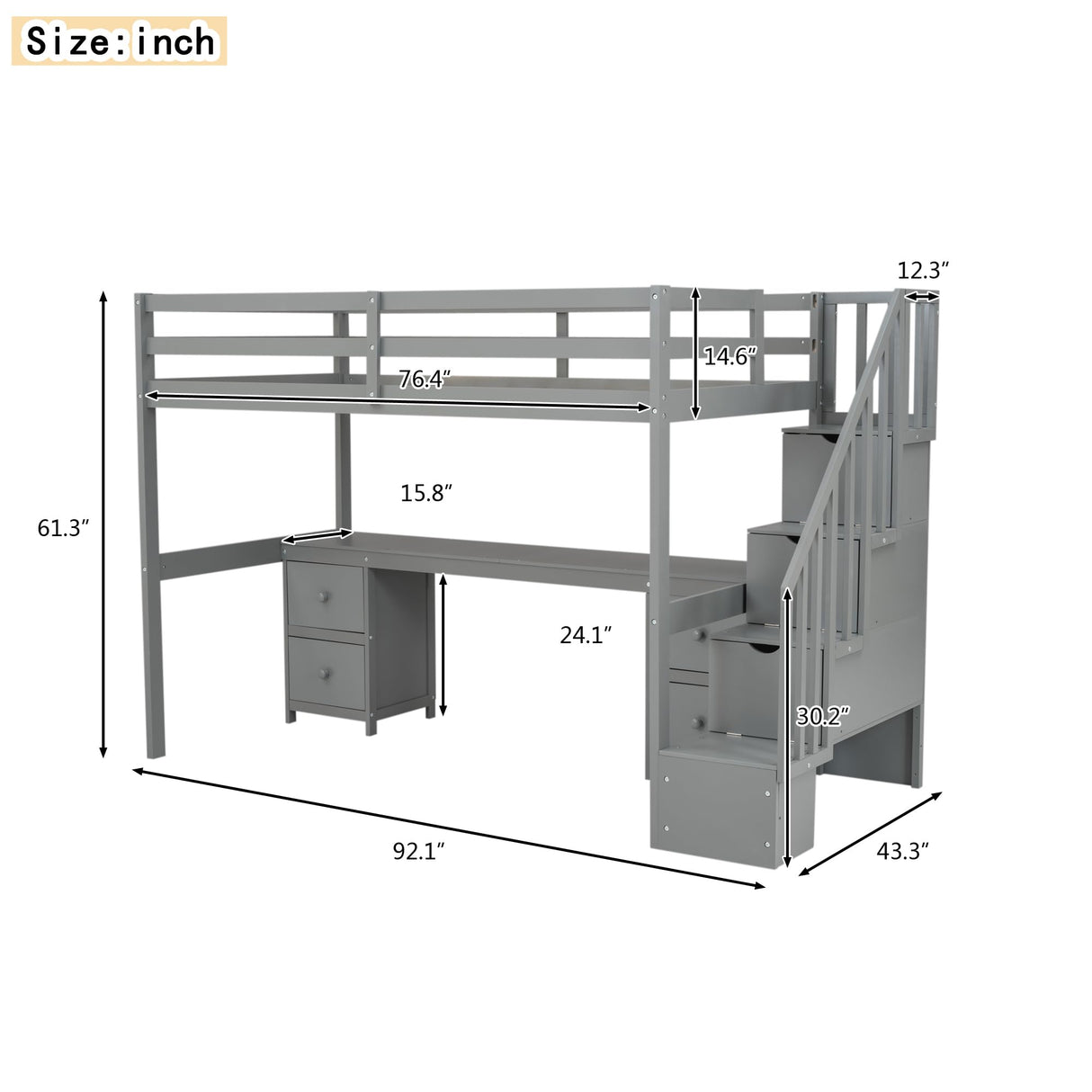 SOFTSEA Twin Loft Bed with Desk, Storage Stairs & Drawers in Grey SOFTSEA