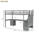 SOFTSEA Twin Loft Bed with Desk, Storage Stairs & Drawers in Grey SOFTSEA