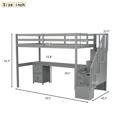 SOFTSEA Twin Loft Bed with Desk, Storage Stairs & Drawers in Grey - WoodArtSupply