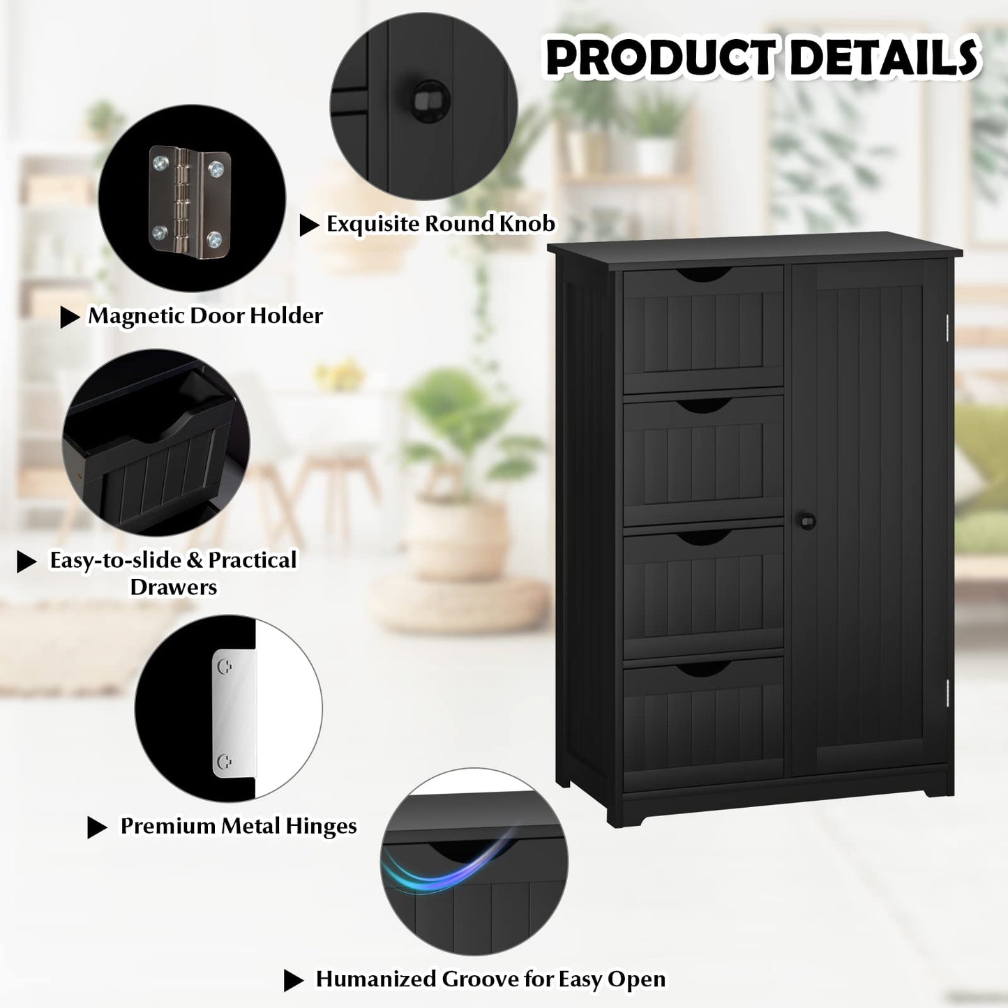 Tangkula Bathroom Floor Cabinet, Freestanding Storage Cabinet with 4 Drawers & Single Door, Adjustable Shelf, Multipurpose Bathroom Storage for Home Office, 22 x 12 x 32 Inches (Black) - WoodArtSupply