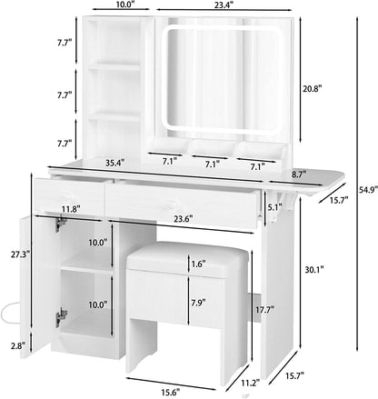 IRONCK Vanity Desk with LED Lighted Mirror & Power Outlet, Makeup Table with Drawers & Cabinet,Storage Stool,for Bedroom, White - WoodArtSupply