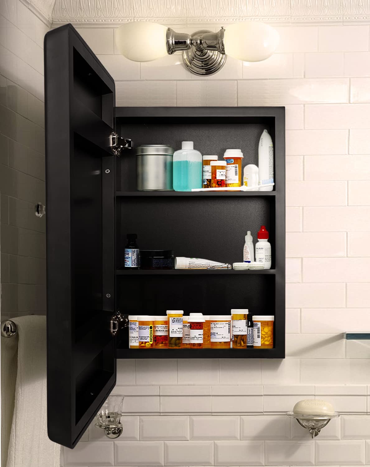 H & A Medicine Cabinet Bathroom Mirror, 24''x16'' Farmhouse Wood Frame Bathroom Medicine Cabinet with Mirror, Vanity Mirrors Recess or Surface Mounted Installation (Black) H & A