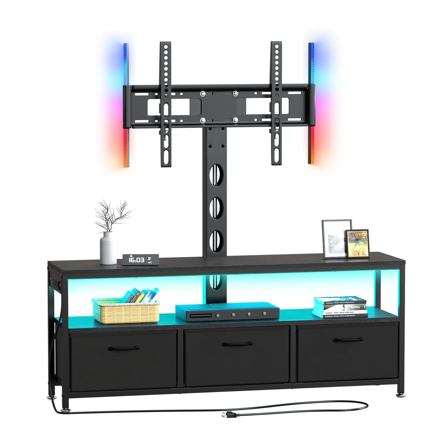 JUSTOGO TV Stand with Mount and Power Outlet, TV Stand Mount with Storage for Living Room, Entertainment Center with LED Lights for 45/55/60/65 inch TVs, Height Adjustable Media Console, Blac - WoodArtSupply