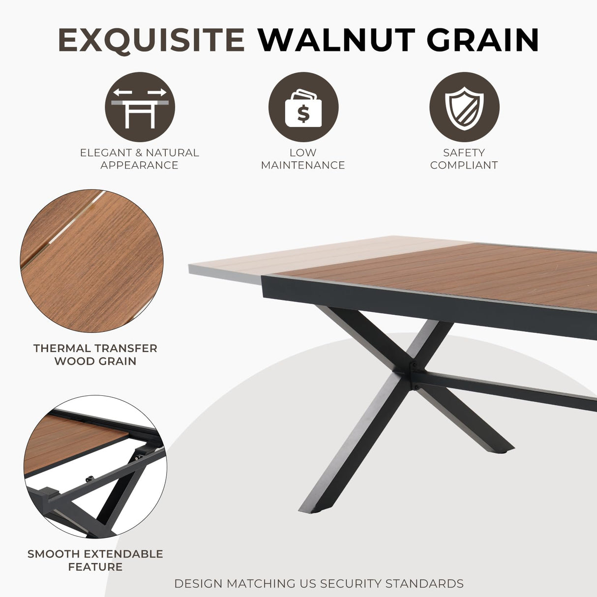 Grand patio 7-Piece Outdoor Dining Set, 6 Extra-Wide Foldable Chairs & 1 Extendable Table, UV-Resistant Mesh Patio Furniture Set, Wood Grain Tabletop for Garden, Yard and Terrace, Black Grand patio