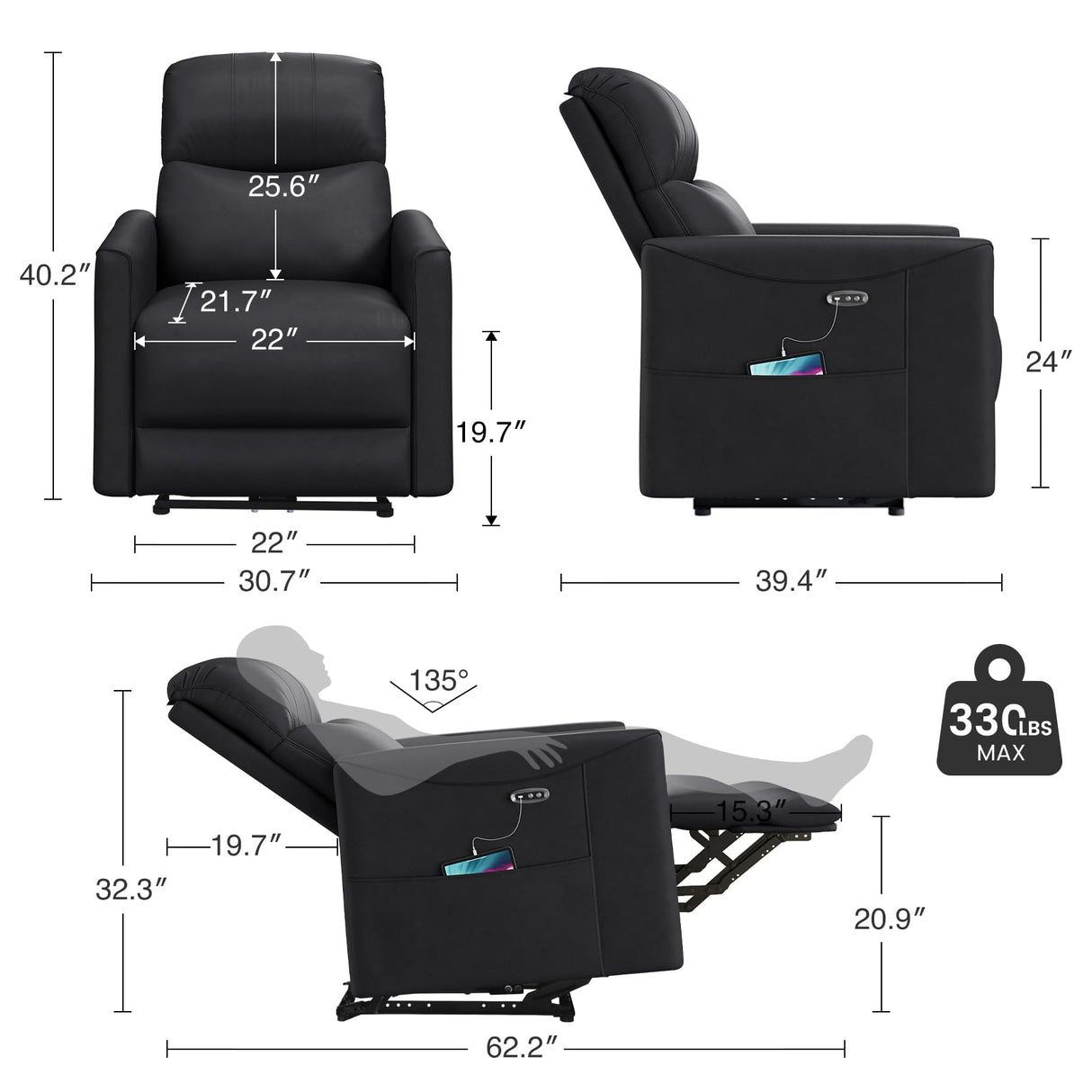 Welzona Adjustable Power Recliner Chair, Comfy PU Leather Electric Recliner Chair, Power Recliners with USB Port, Eco-Certified Small Recliners for Small Spaces Sofa Reclinable, Black Welzona