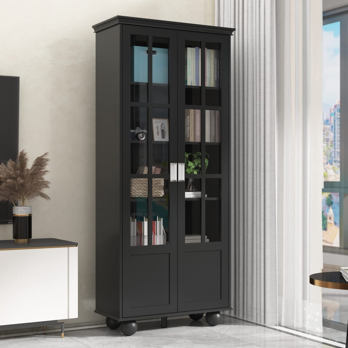 ECACAD 5-Tier Black Bookcase with Acrylic Doors for Versatile Storage and Display ECACAD