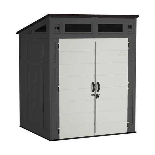 Suncast 6' x 5' Modernist Storage Shed for Yard Storage, All-Weather Outdoor Storage Shed with 2 Lockable Doors and Windows, Peppercorn - WoodArtSupply