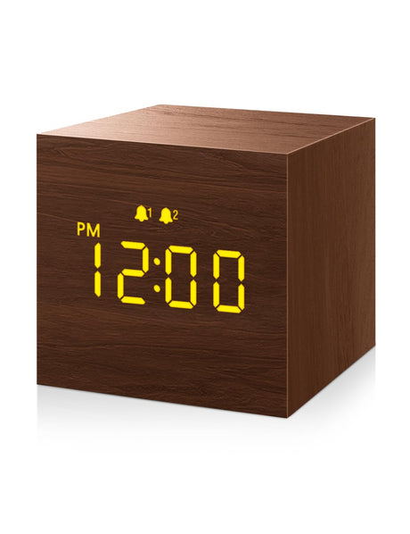 Digital Alarm Clock, with Wooden Electronic LED Time Display, 3 Alarm, 2.5-inch Cubic Small Mini Wood Made Electric Clocks for Bedroom, Bedside, Desk, Brown JALL