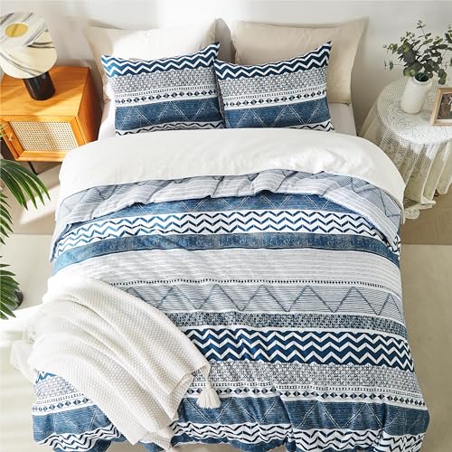 BOLINLIVING Twin Comforter Set Kids, Boho Stripe Comforter Set Twin Size, Twin Bed in a Bag Soft Bohomian Bedding Lightweight Breathable for All Seasons (Blue 66×90 inch) BOLINLIVING