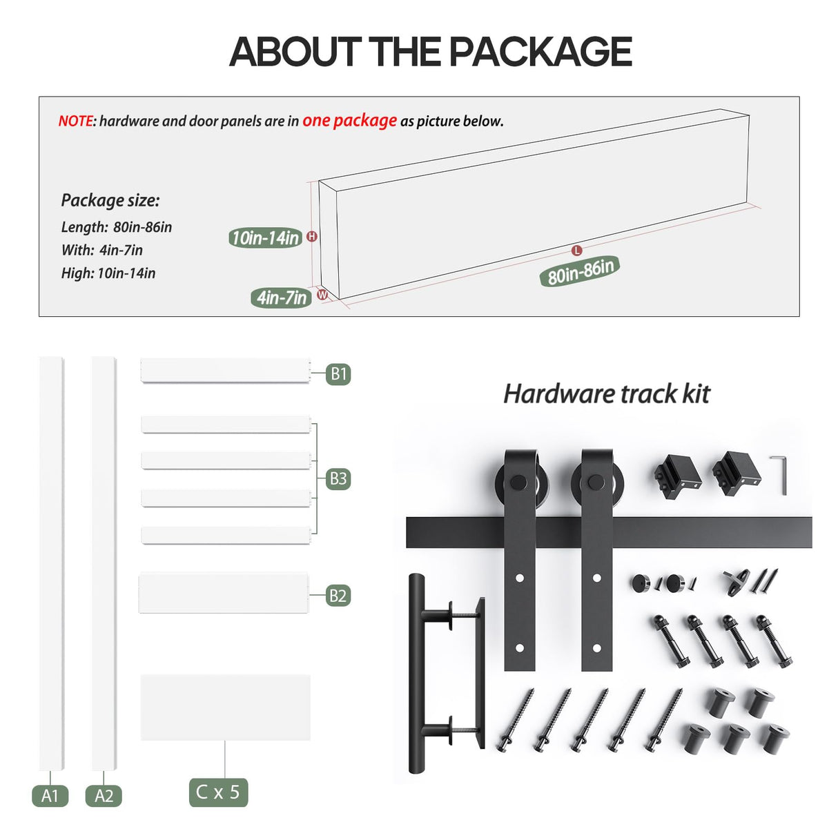 Fredbeck 30x84 inch White Barn Door with 5.5FT Sliding Door Hardware Kit Included & Handle,Solid,MDF, PVC Surface,DIY Assembly,5-Panel,Fit 27in-28in Opening FREDBECK